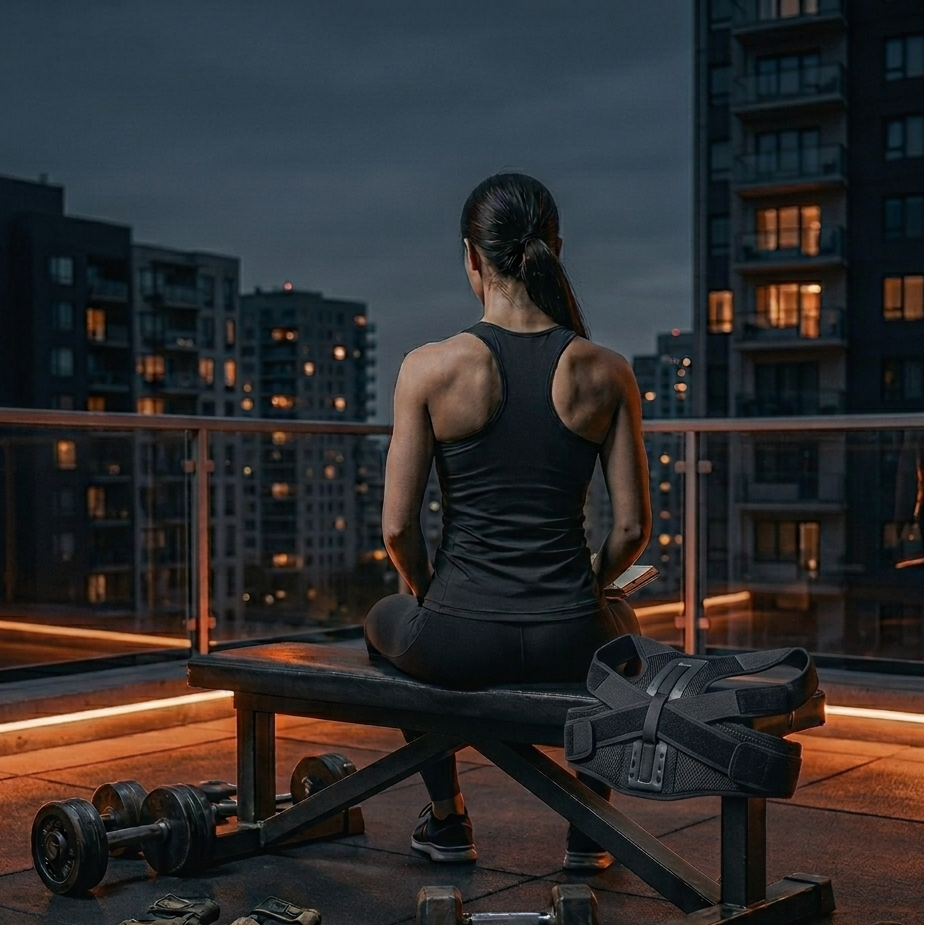 Person sitting on a bench with fitness equipment on a rooftop at night.